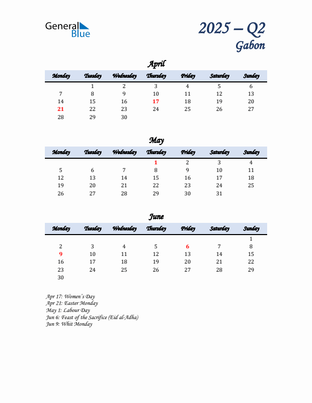 April, May, and June Calendar for Gabon with Monday Start