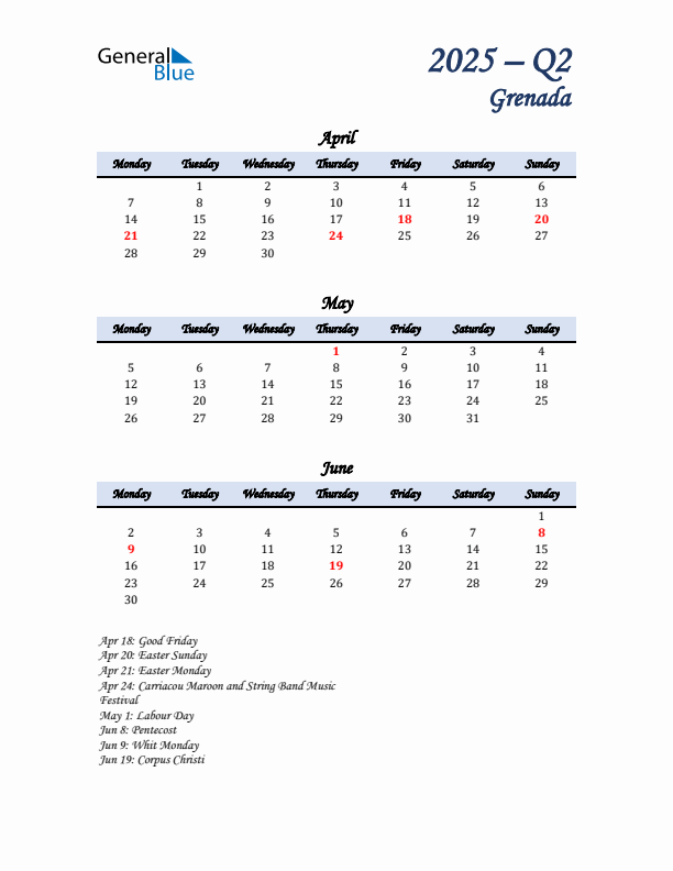 April, May, and June Calendar for Grenada with Monday Start