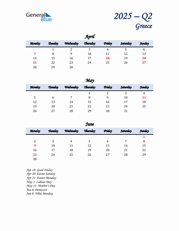 April, May, and June Calendar for Greece with Monday Start