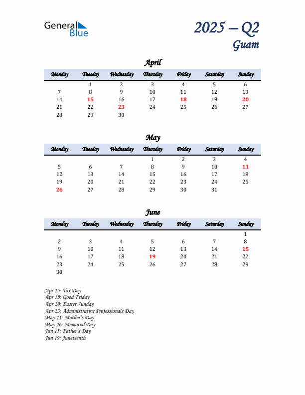 April, May, and June Calendar for Guam with Monday Start