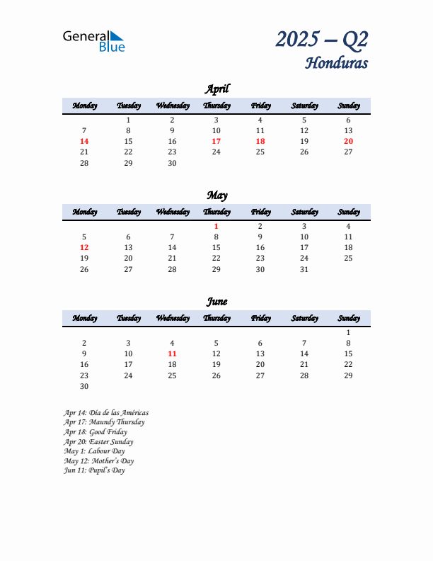 April, May, and June Calendar for Honduras with Monday Start