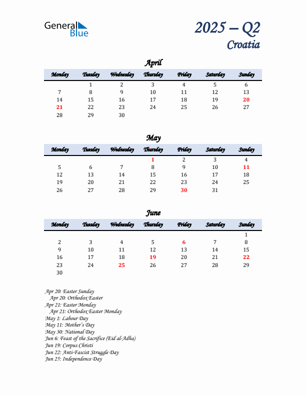 April, May, and June Calendar for Croatia with Monday Start