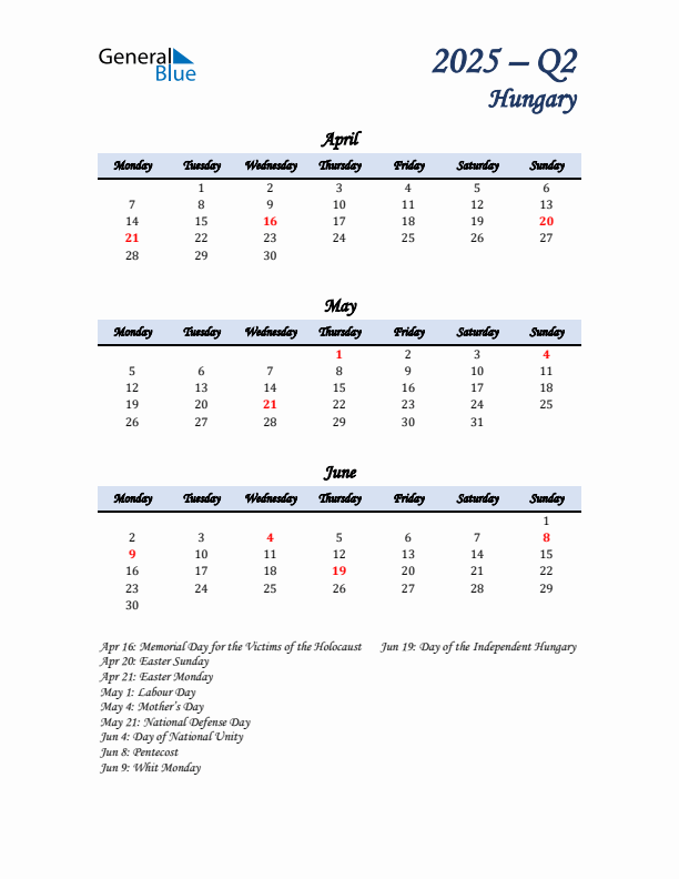 April, May, and June Calendar for Hungary with Monday Start