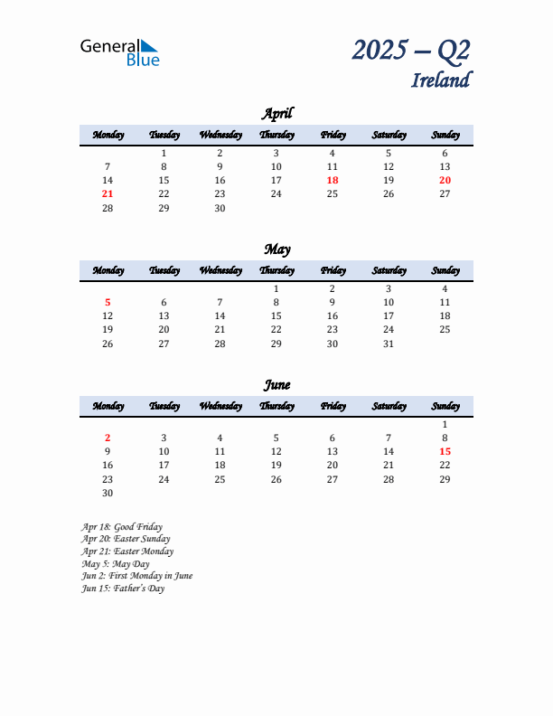 April, May, and June Calendar for Ireland with Monday Start