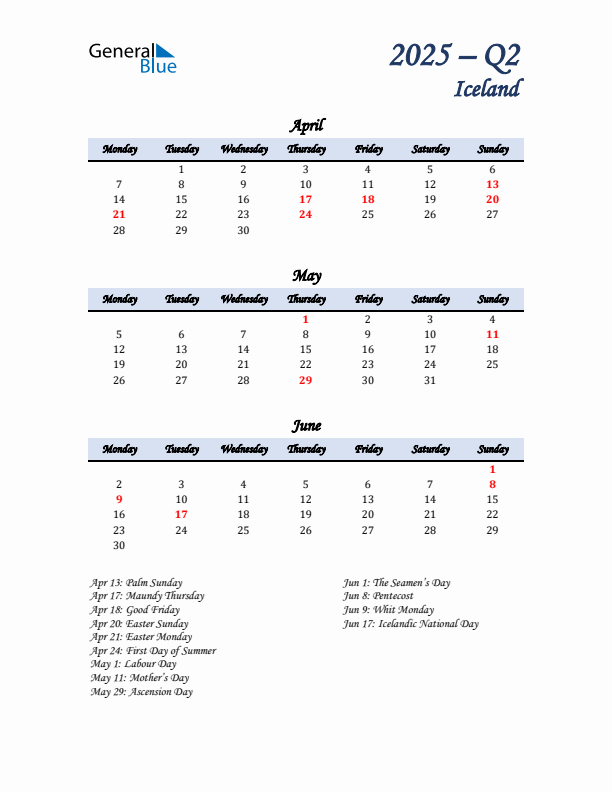 April, May, and June Calendar for Iceland with Monday Start