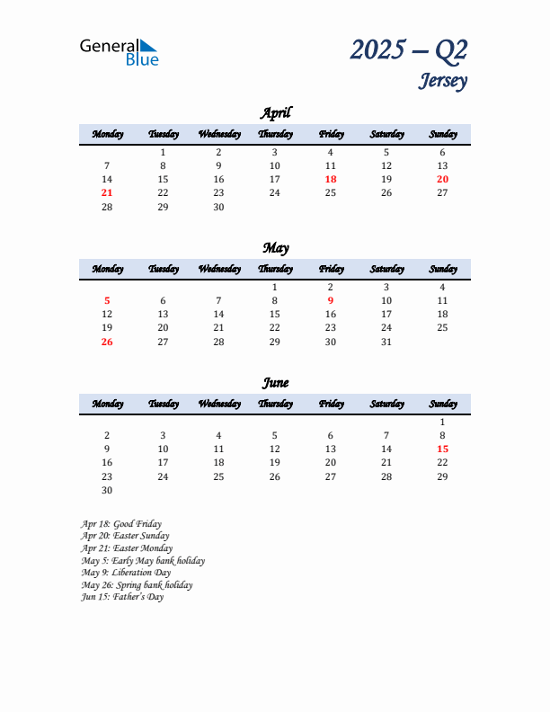 April, May, and June Calendar for Jersey with Monday Start