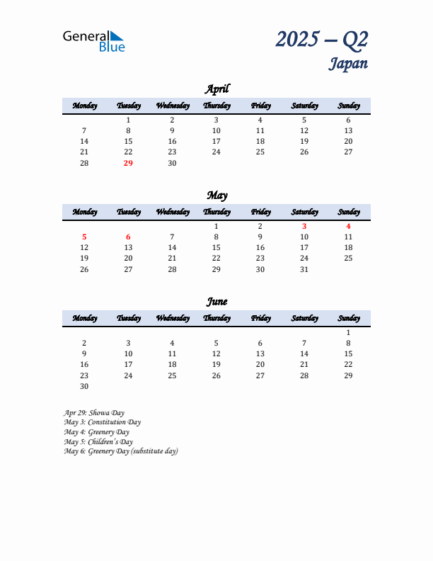 April, May, and June Calendar for Japan with Monday Start