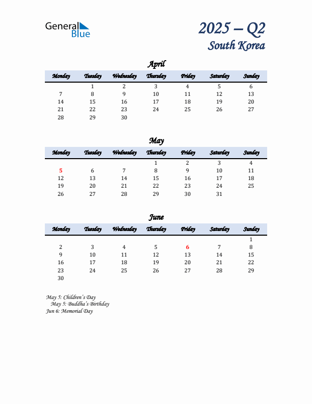 April, May, and June Calendar for South Korea with Monday Start