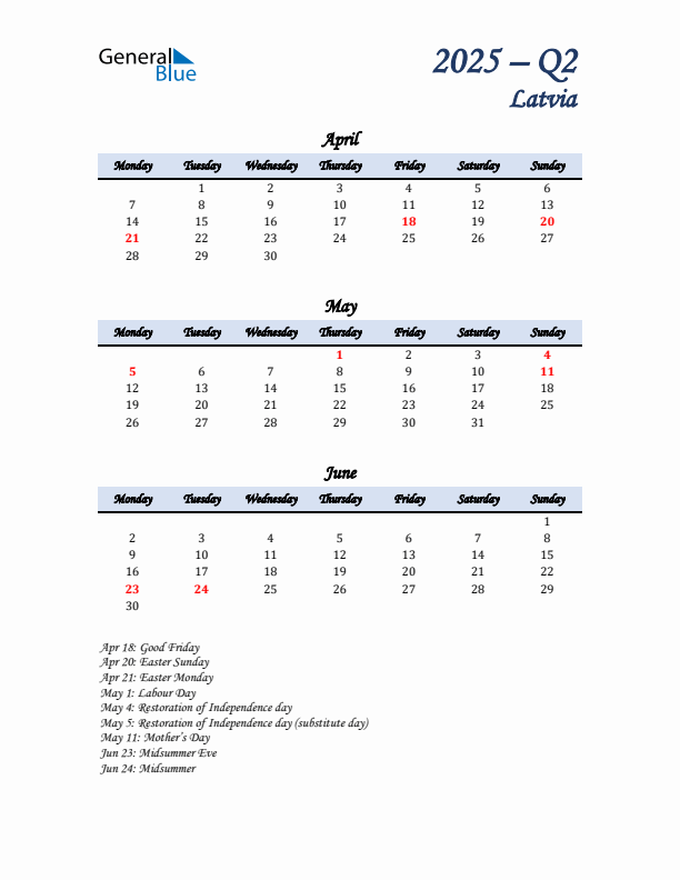 April, May, and June Calendar for Latvia with Monday Start