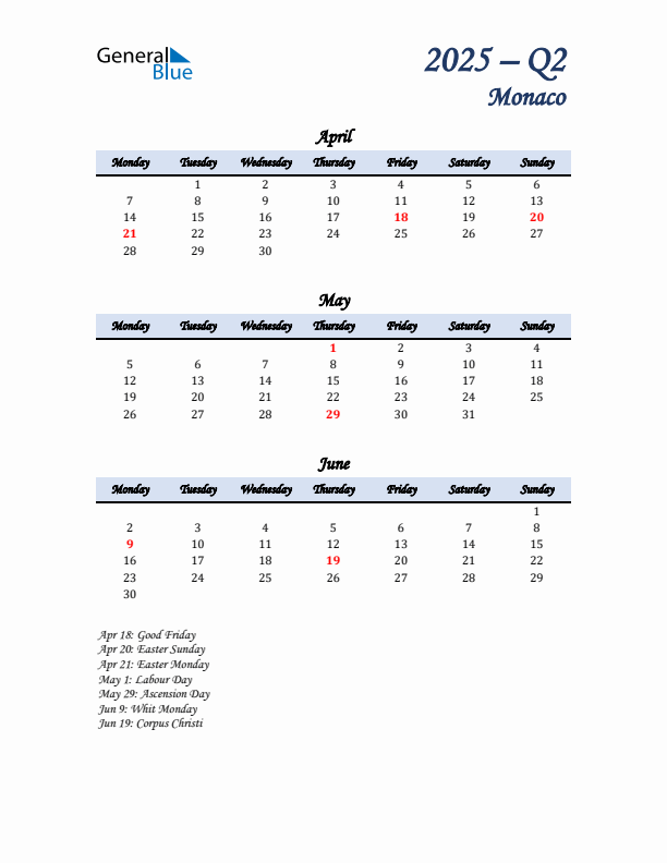 April, May, and June Calendar for Monaco with Monday Start