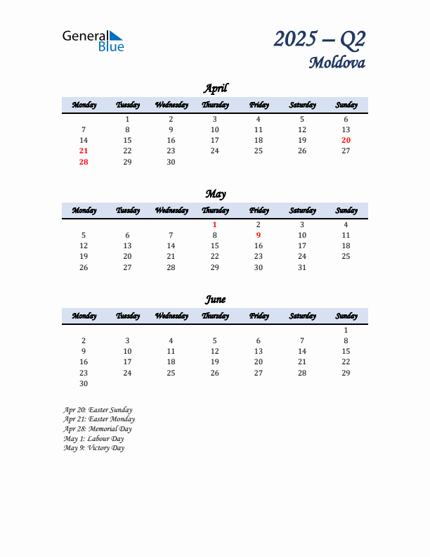 April, May, and June Calendar for Moldova with Monday Start