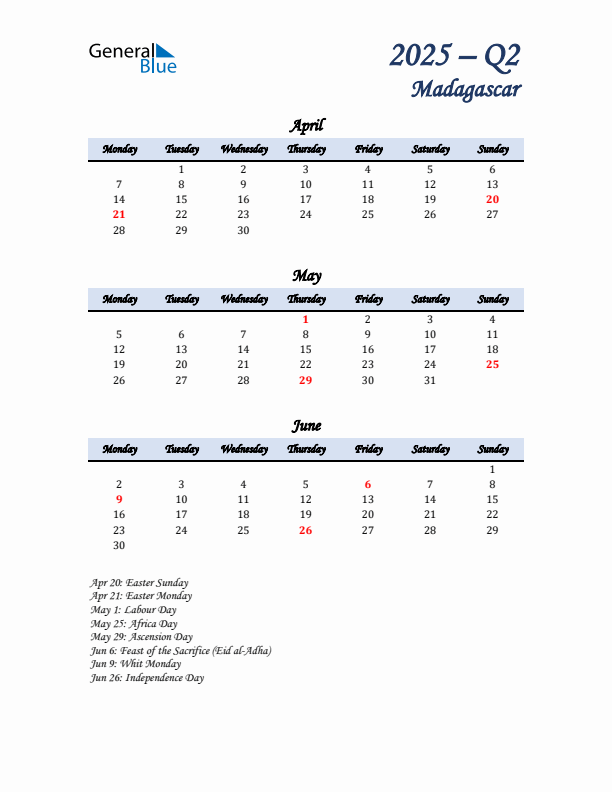 April, May, and June Calendar for Madagascar with Monday Start