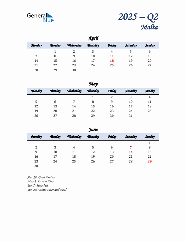 April, May, and June Calendar for Malta with Monday Start