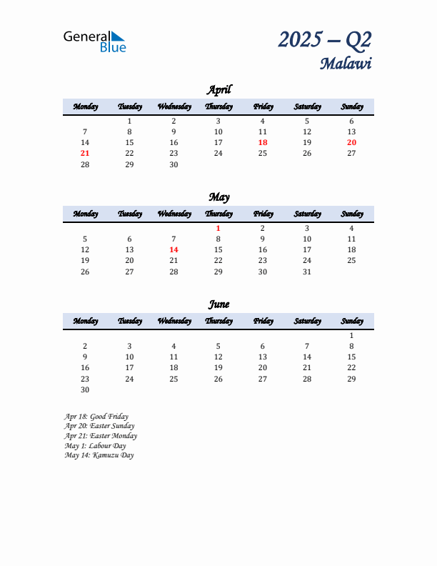 April, May, and June Calendar for Malawi with Monday Start