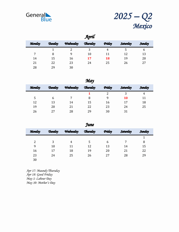 April, May, and June Calendar for Mexico with Monday Start