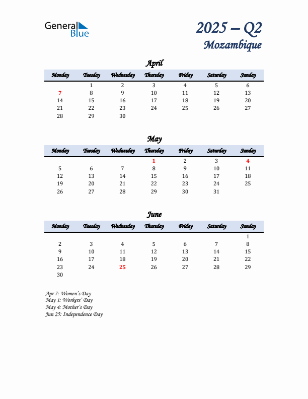 April, May, and June Calendar for Mozambique with Monday Start