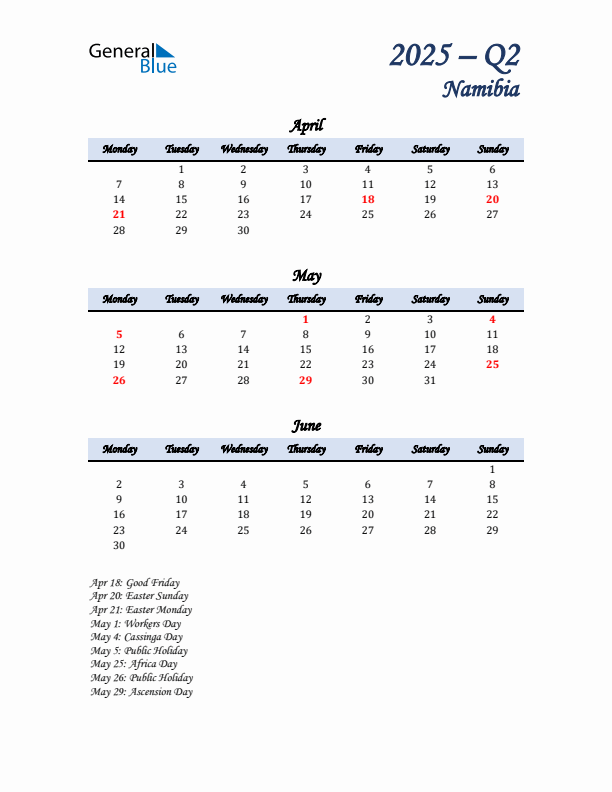 April, May, and June Calendar for Namibia with Monday Start