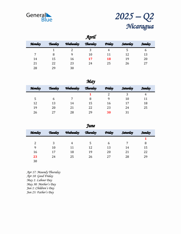 April, May, and June Calendar for Nicaragua with Monday Start