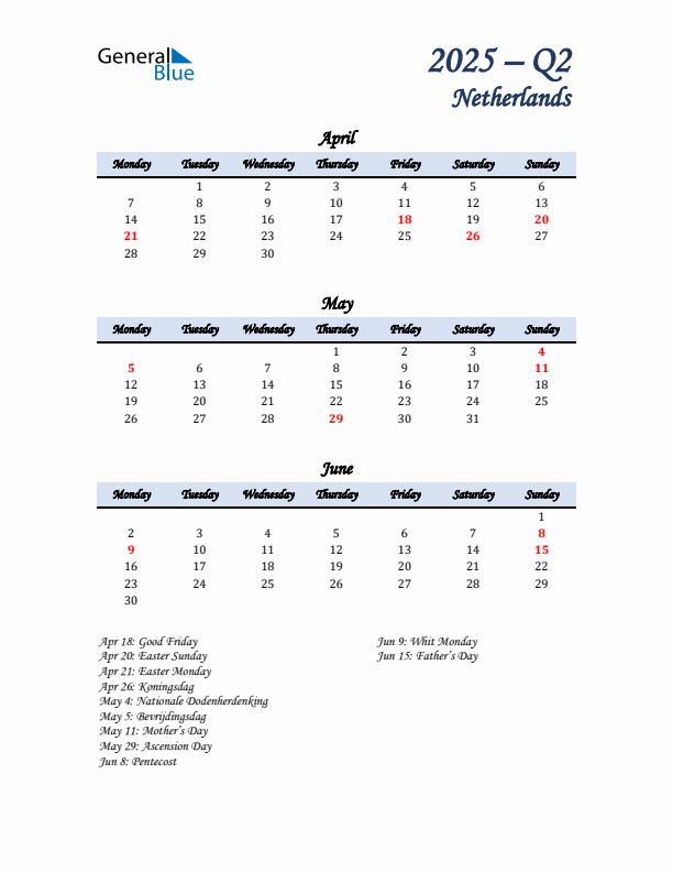 April, May, and June Calendar for The Netherlands with Monday Start