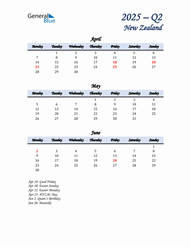 April, May, and June Calendar for New Zealand with Monday Start