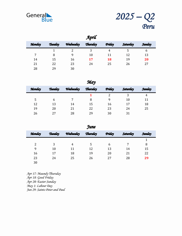 April, May, and June Calendar for Peru with Monday Start