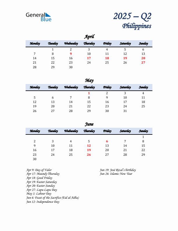 April, May, and June Calendar for Philippines with Monday Start