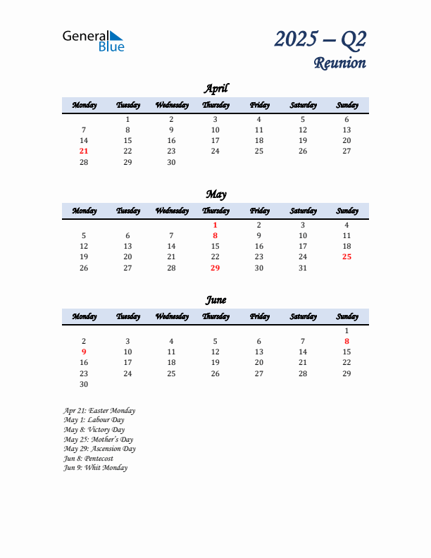 April, May, and June Calendar for Reunion with Monday Start