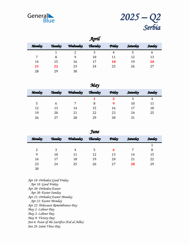 April, May, and June Calendar for Serbia with Monday Start