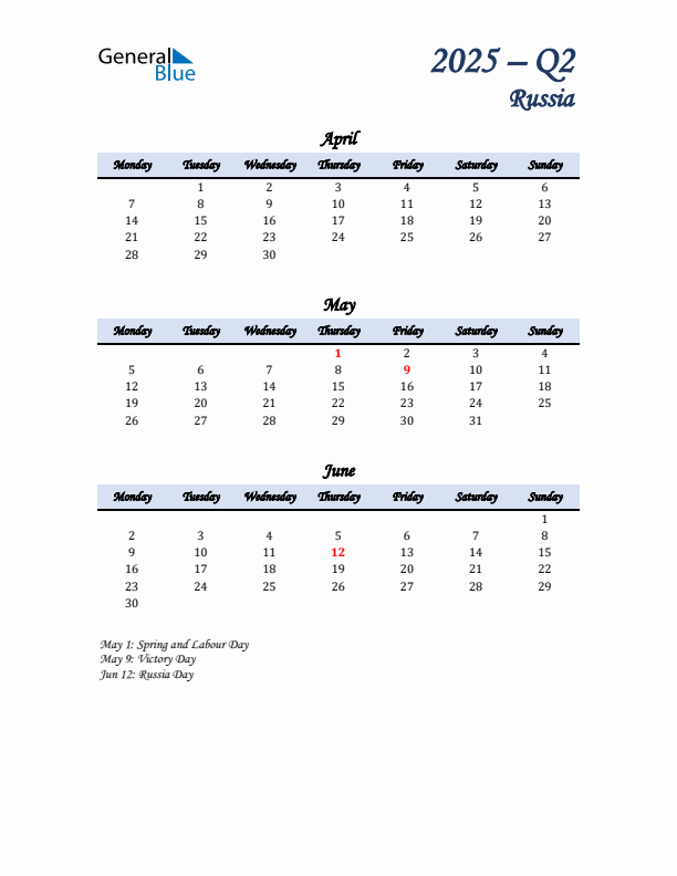 April, May, and June Calendar for Russia with Monday Start