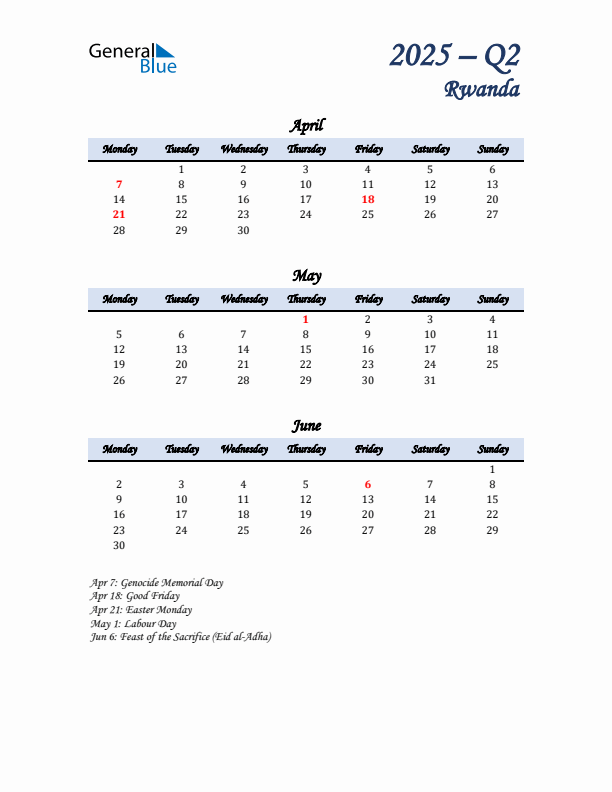 April, May, and June Calendar for Rwanda with Monday Start