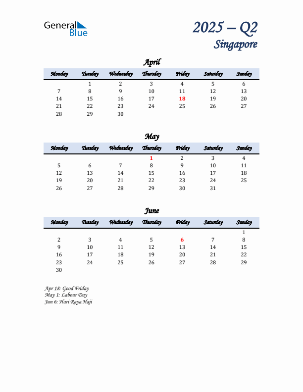 April, May, and June Calendar for Singapore with Monday Start