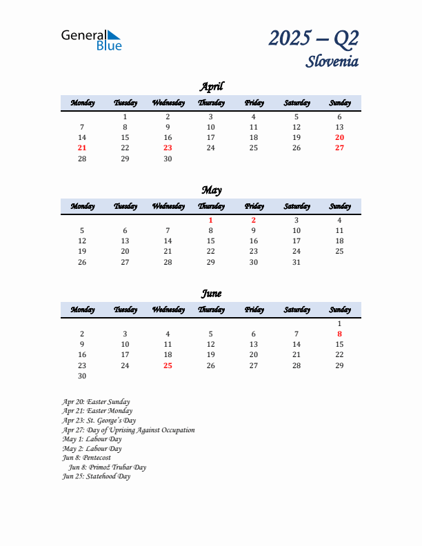 April, May, and June Calendar for Slovenia with Monday Start