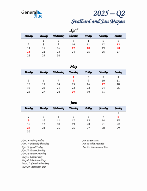 April, May, and June Calendar for Svalbard and Jan Mayen with Monday Start