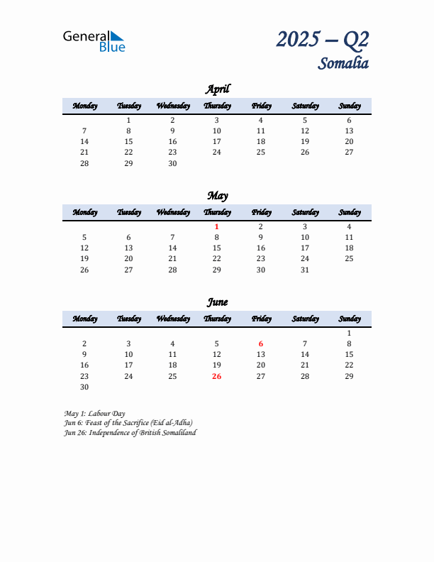 April, May, and June Calendar for Somalia with Monday Start