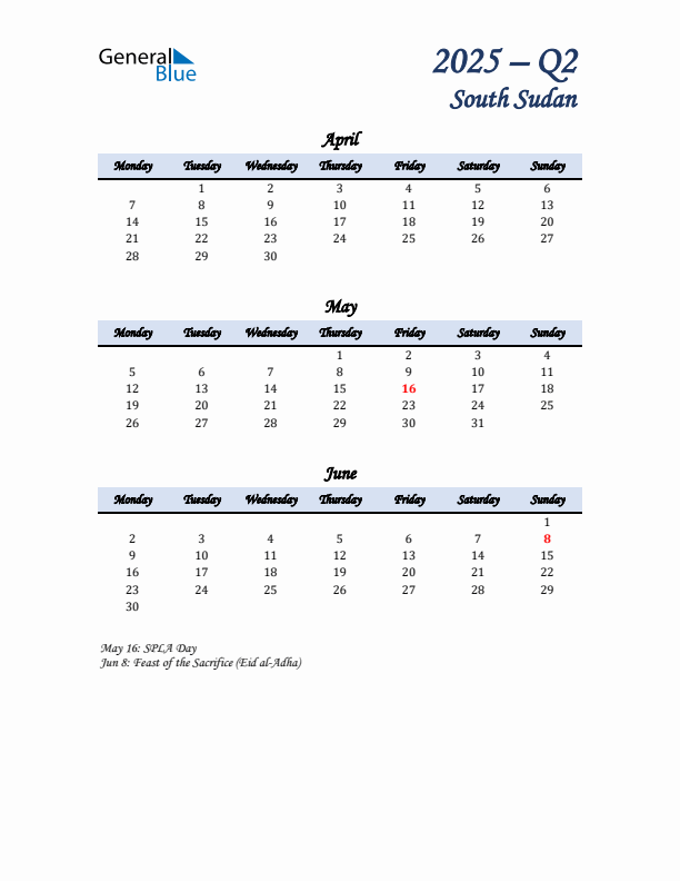 April, May, and June Calendar for South Sudan with Monday Start