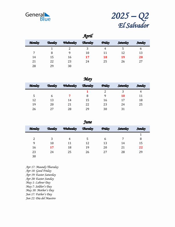 April, May, and June Calendar for El Salvador with Monday Start