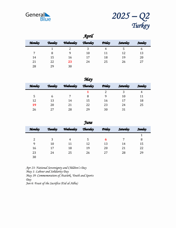 April, May, and June Calendar for Turkey with Monday Start