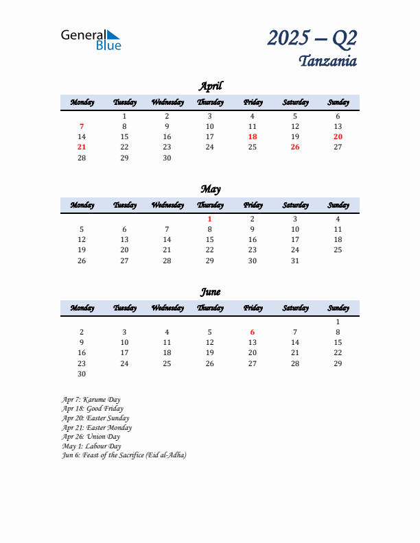 April, May, and June Calendar for Tanzania with Monday Start