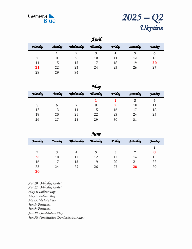 April, May, and June Calendar for Ukraine with Monday Start