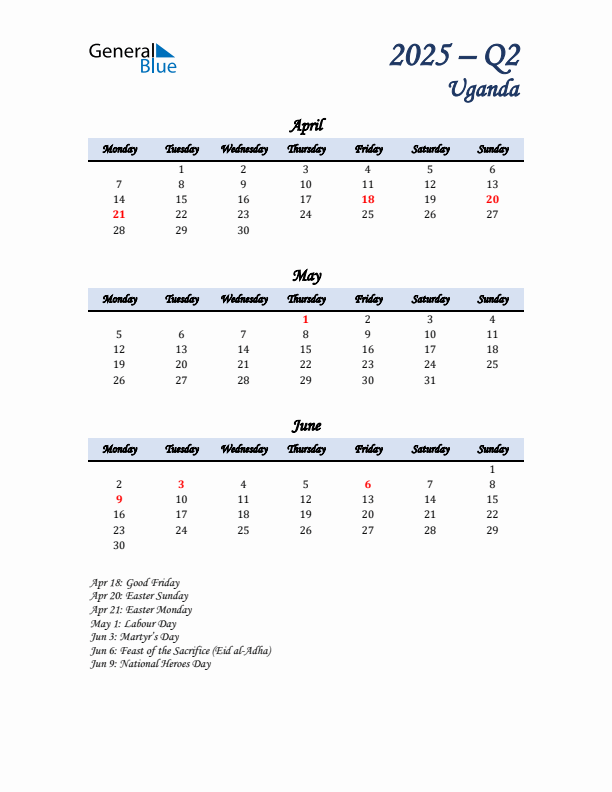 April, May, and June Calendar for Uganda with Monday Start