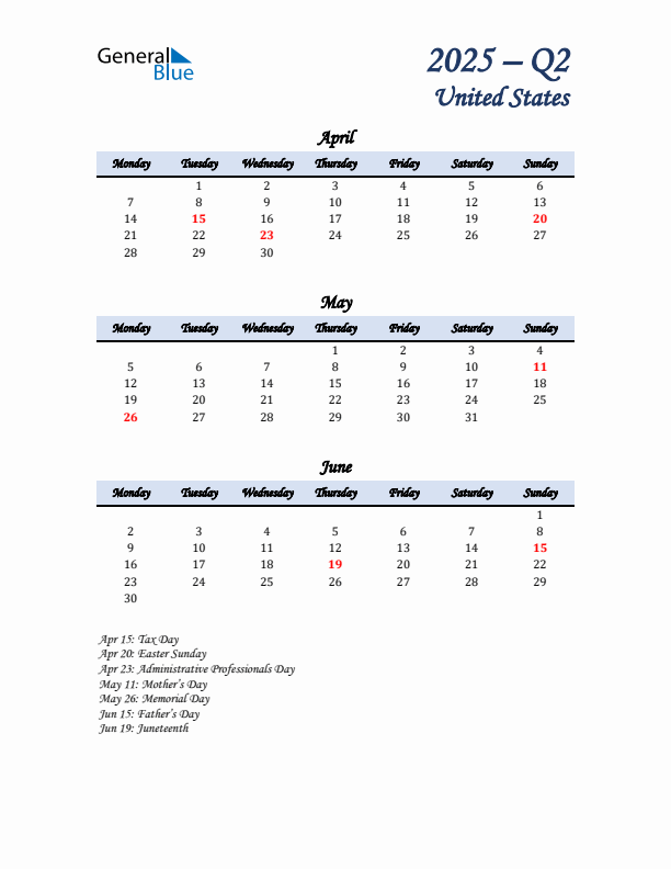 April, May, and June Calendar for United States with Monday Start