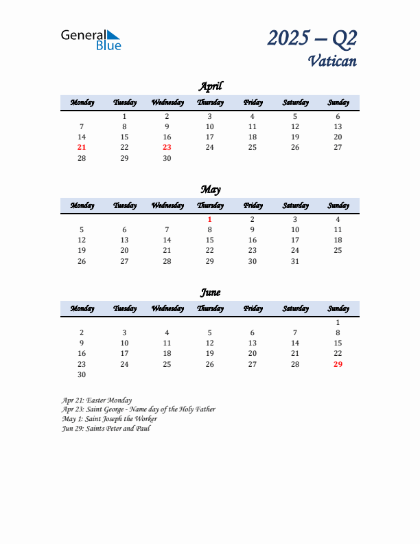 April, May, and June Calendar for Vatican with Monday Start