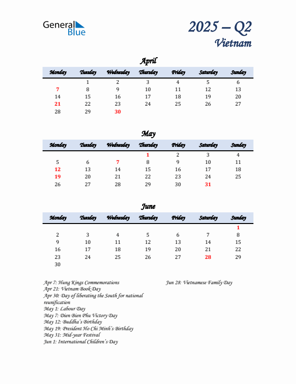 April, May, and June Calendar for Vietnam with Monday Start