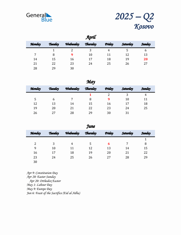 April, May, and June Calendar for Kosovo with Monday Start