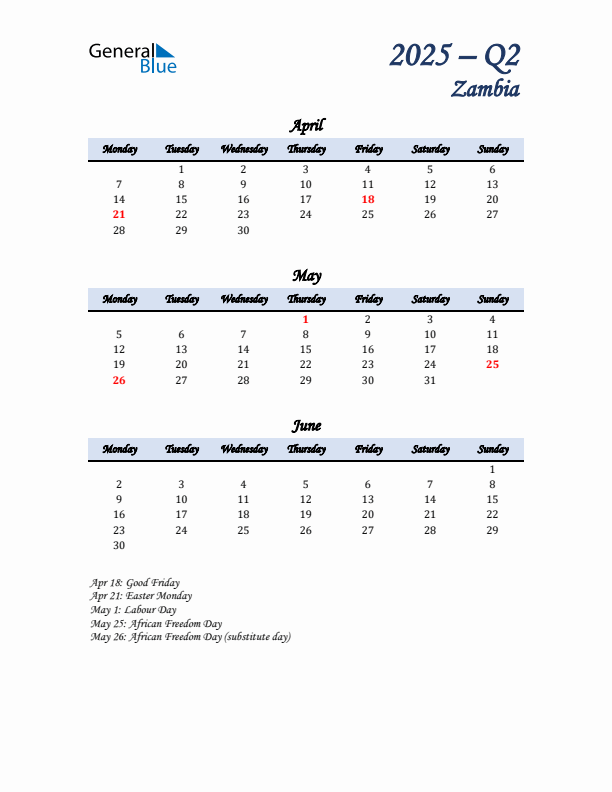 April, May, and June Calendar for Zambia with Monday Start