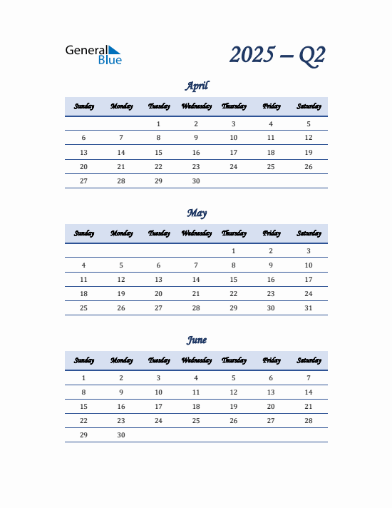 Quarter 2 2025 calendar template