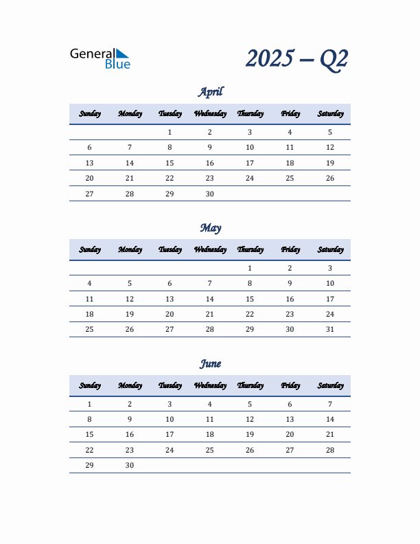 Sunday Start 2025 Quarterly Calendar