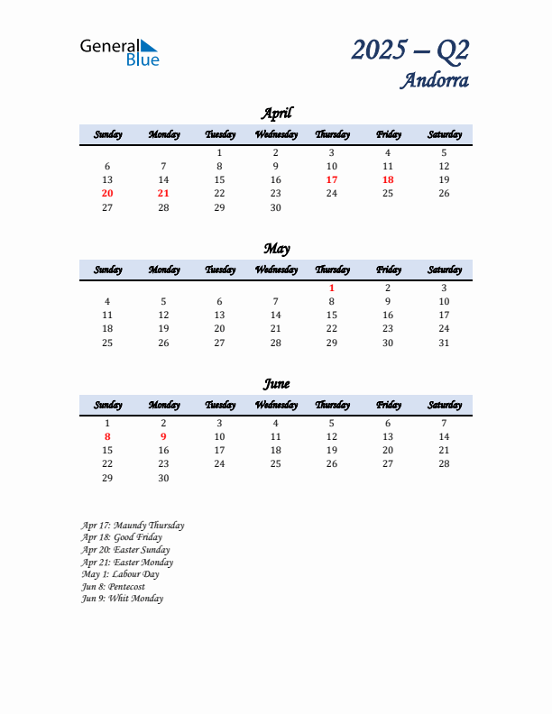 April, May, and June Calendar for Andorra with Sunday Start