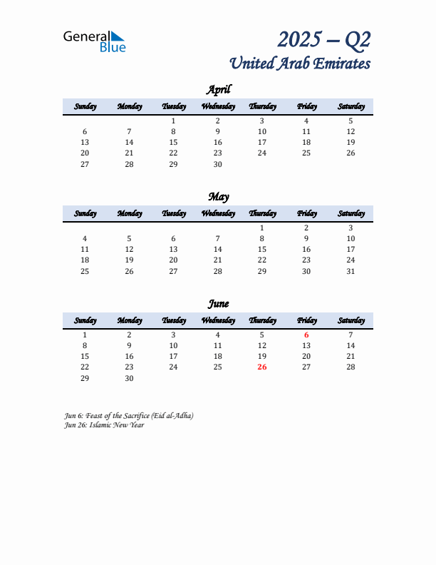 April, May, and June Calendar for United Arab Emirates with Sunday Start