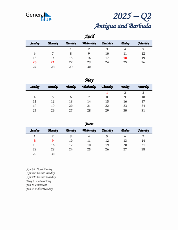 April, May, and June Calendar for Antigua and Barbuda with Sunday Start